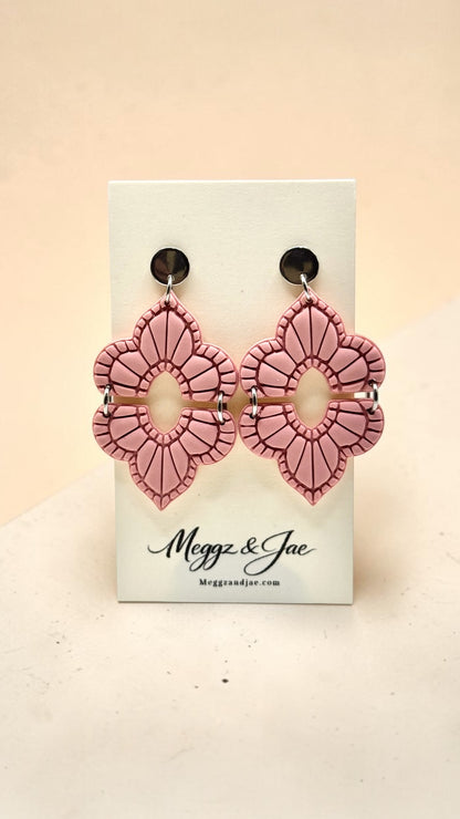 Pink boho scalloped arch oval polymer clay earrings with stainless steel topper