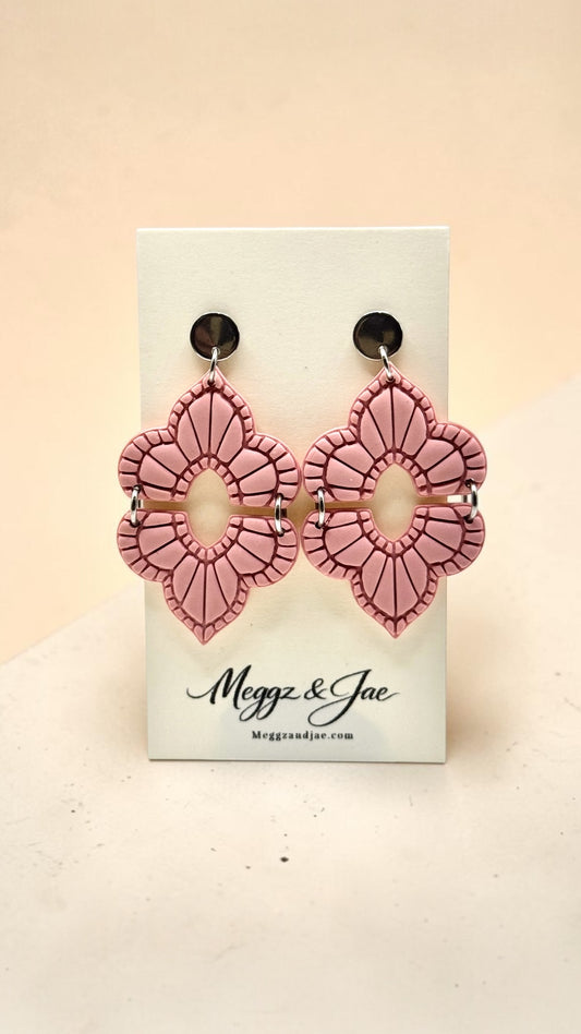 Pink boho scalloped arch oval polymer clay earrings with stainless steel topper