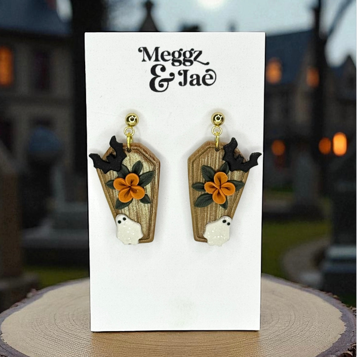 “Coffin” garden ghost polymer clay dangle earrings