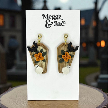 “Coffin” garden ghost polymer clay dangle earrings