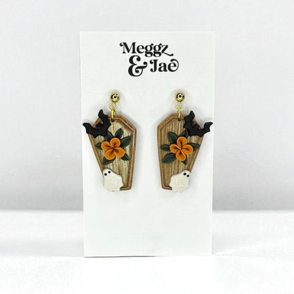“Coffin” garden ghost polymer clay dangle earrings