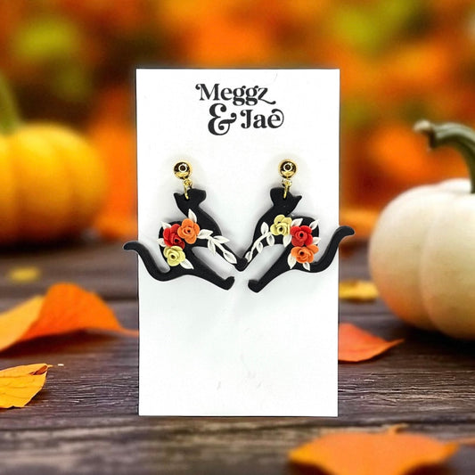 “Floral Black Cat” polymer clay dangle earrings