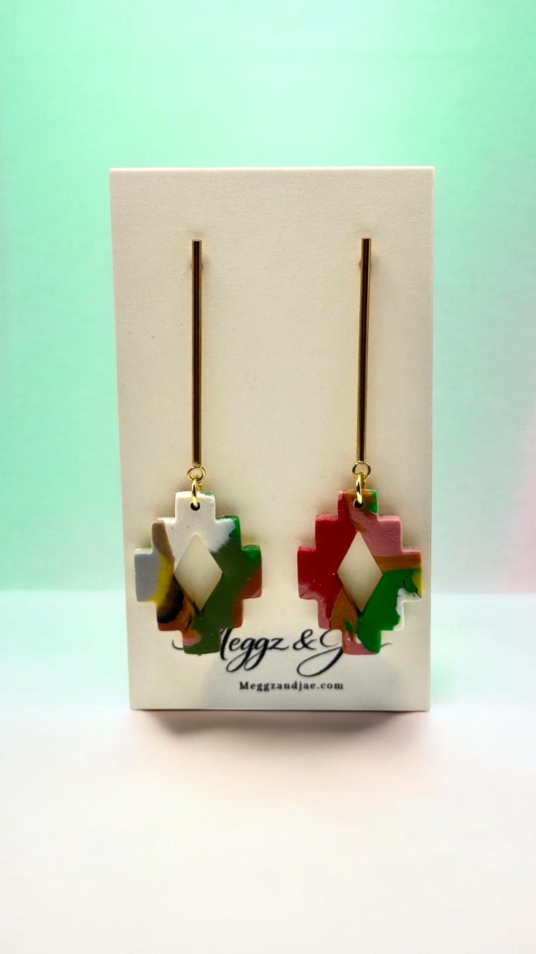 Aztec Geometric Cross Statement Earrings Handmade Polymer Clay Lightweight Dangle Earrings Meggz and Jae
