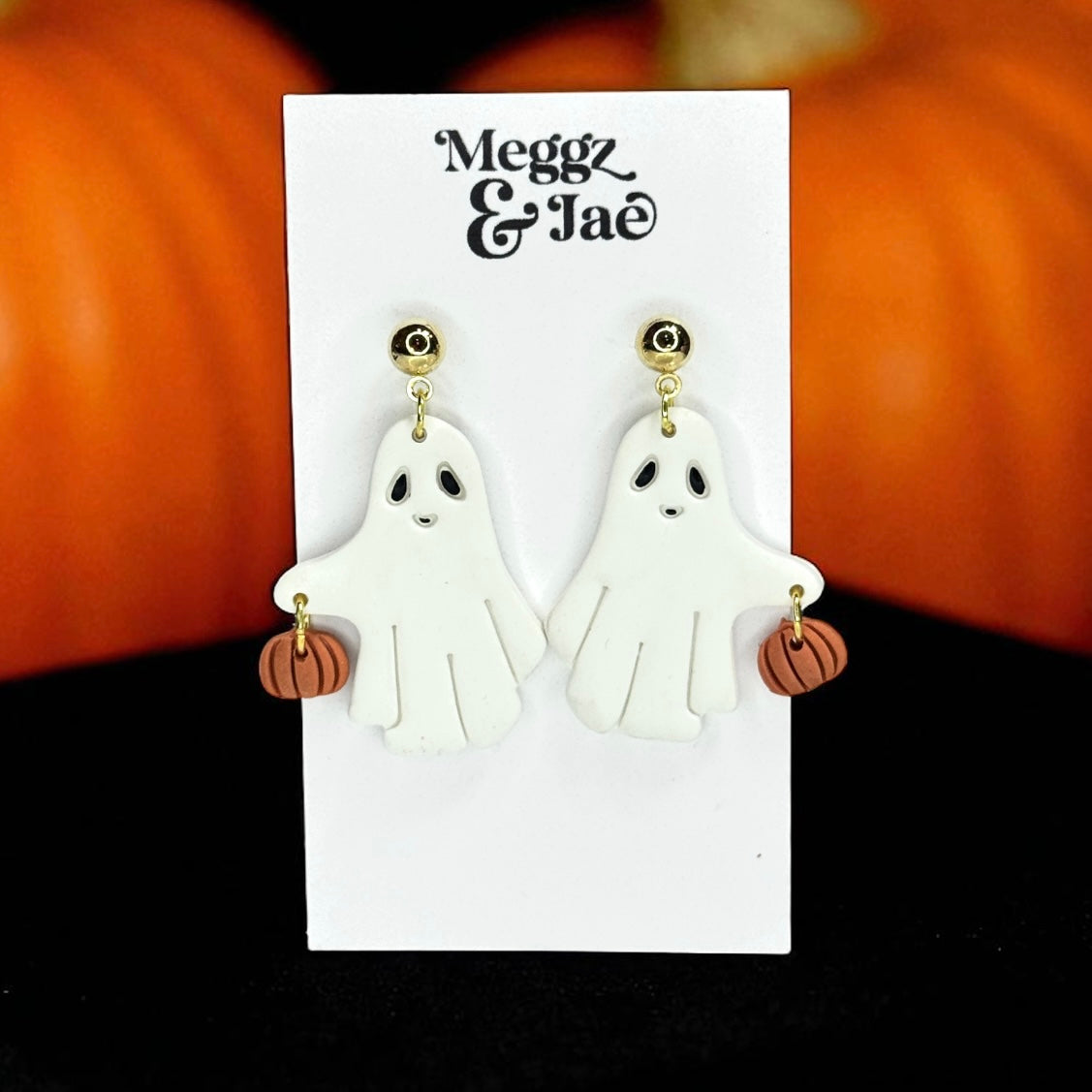 “Ghosts Holding Pumpkins” charms polymer clay dangle earrings