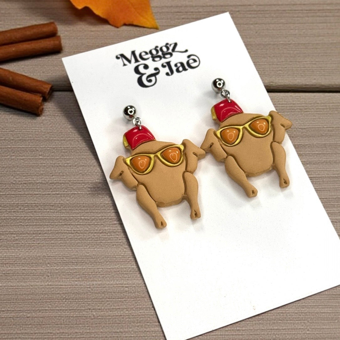 Friends Thanksgiving turkey with glasses polymer clay dangle earrings