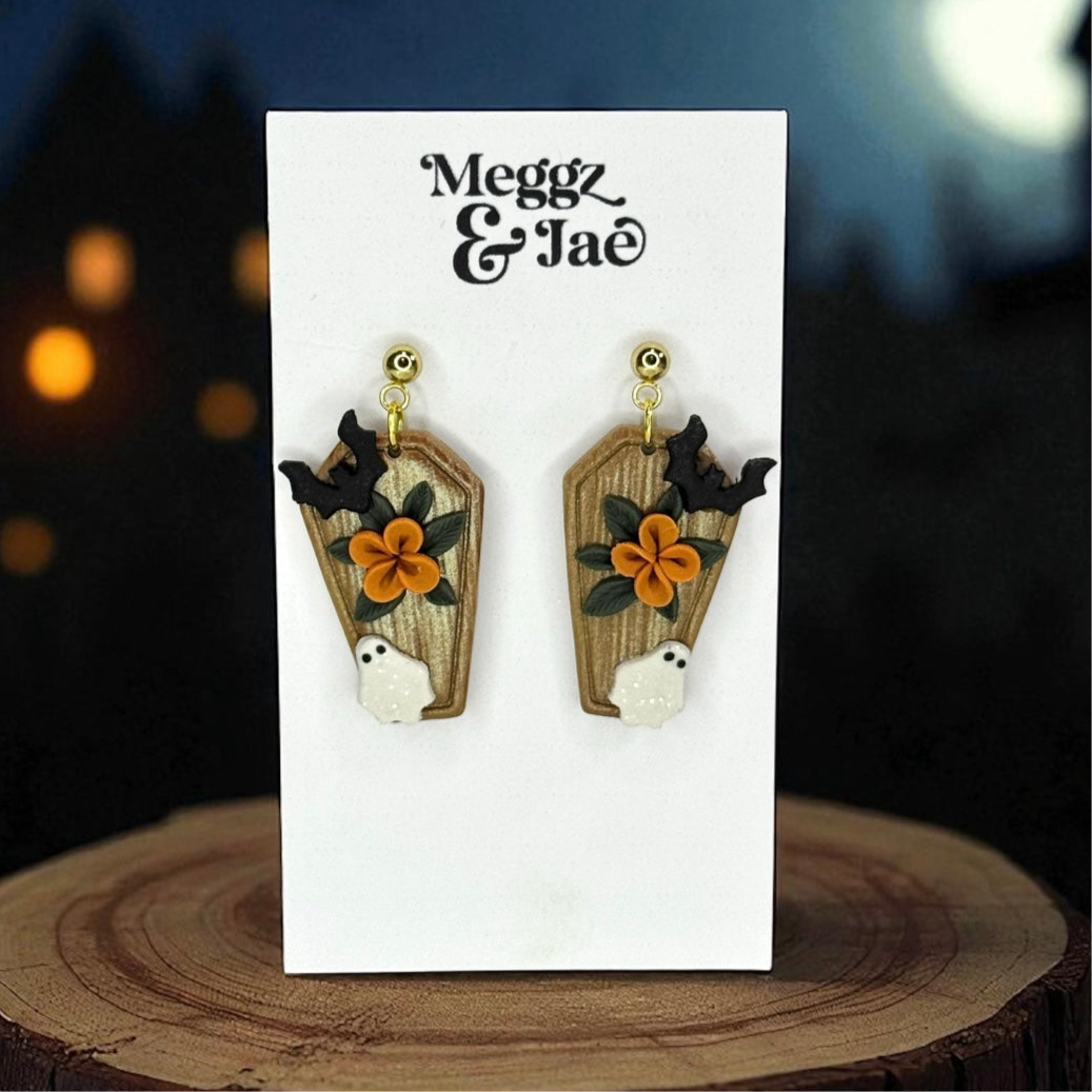 “Coffin” garden ghost polymer clay dangle earrings