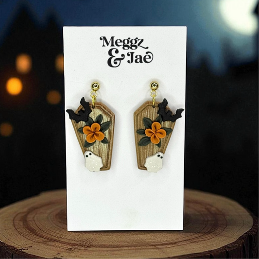 “Coffin” garden ghost polymer clay dangle earrings