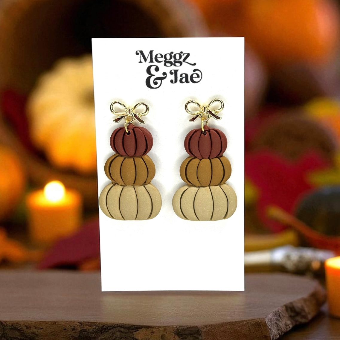 “Stacked pumpkins” polymer clay dangle earrings