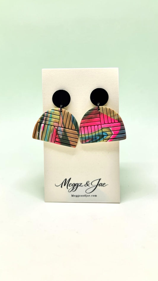 Colorful imprinted polymer clay arch earrings with black metal topper