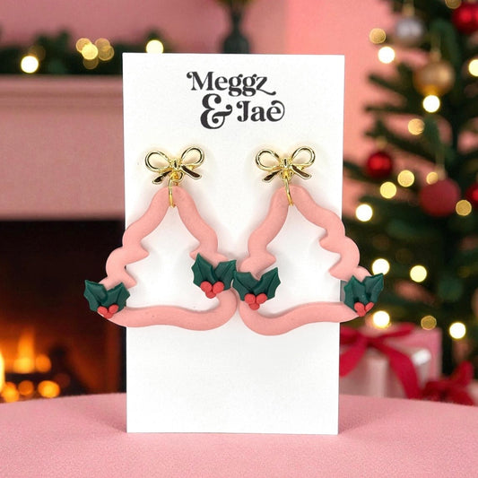 Pink Christmas Tree Polymer Clay Earrings