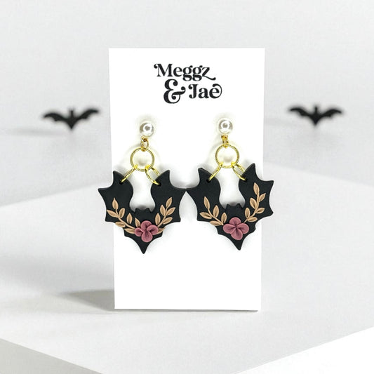 “Floral bats” polymer clay dangle earrings