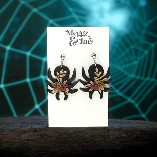 “Floral Spider” polymer clay dangle earrings