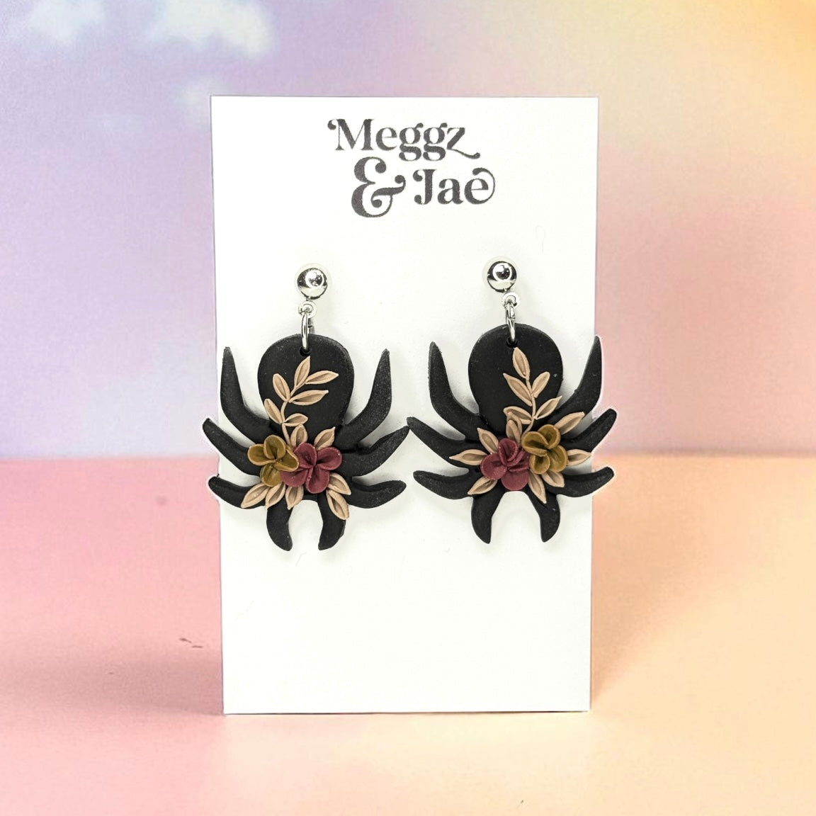 “Floral Spider” polymer clay dangle earrings