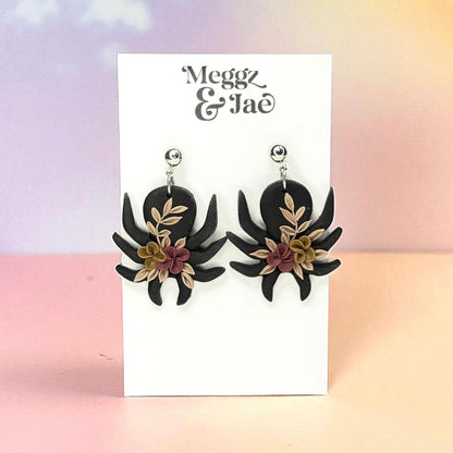 “Floral Spider” polymer clay dangle earrings