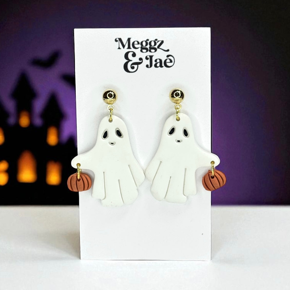 “Ghosts Holding Pumpkins” charms polymer clay dangle earrings
