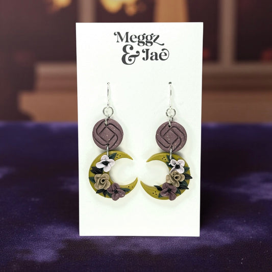“Floral Crescents” crescent moon polymer clay dangle earrings