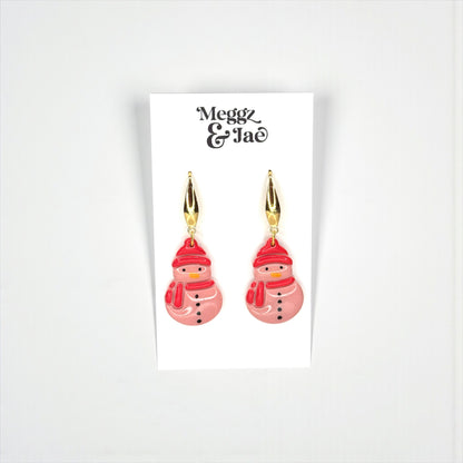 Pink Snowman Polymer Clay Earrings