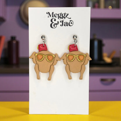 Friends Thanksgiving turkey with glasses polymer clay dangle earrings