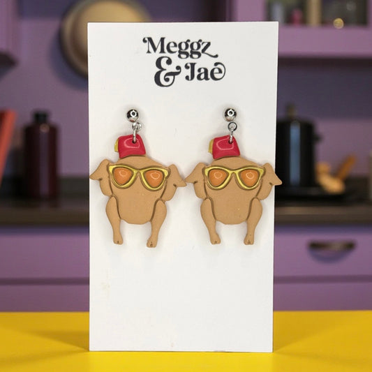 Friends Thanksgiving turkey with glasses polymer clay dangle earrings