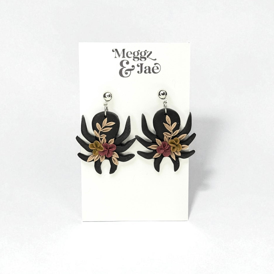“Floral Spider” polymer clay dangle earrings