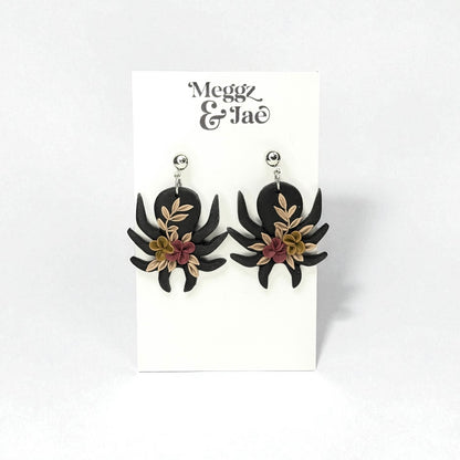 “Floral Spider” polymer clay dangle earrings