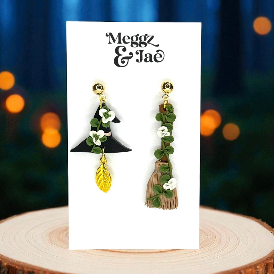 “Witch Hat & Broom” polymer clay dangle earrings