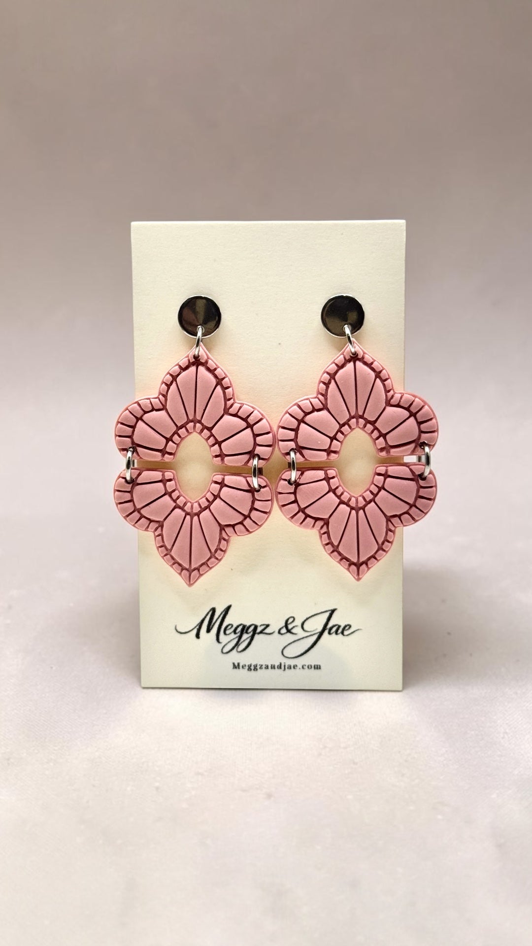 Pink boho scalloped arch oval polymer clay earrings with stainless steel topper