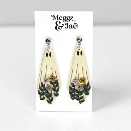 “Floral ghost” polymer clay dangle earrings