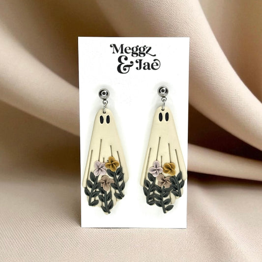 “Floral ghost” polymer clay dangle earrings