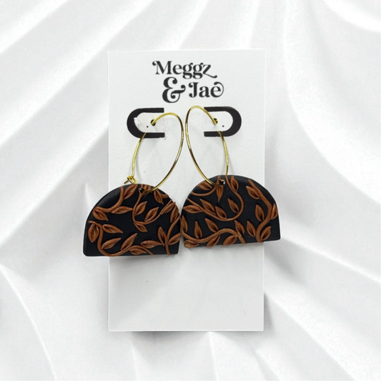 “Amber” black and copper leaf hoop dangle earrings