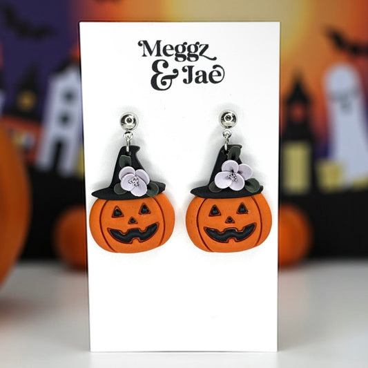 “Jack O Lantern Witch” polymer clay dangle earrings
