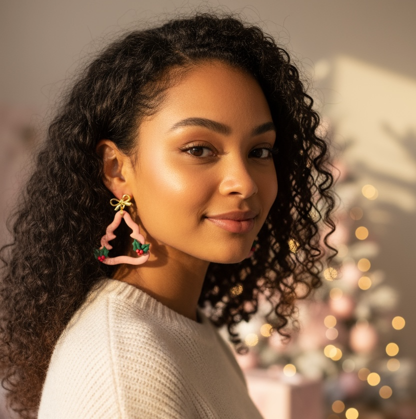 Pink Christmas Tree Polymer Clay Earrings