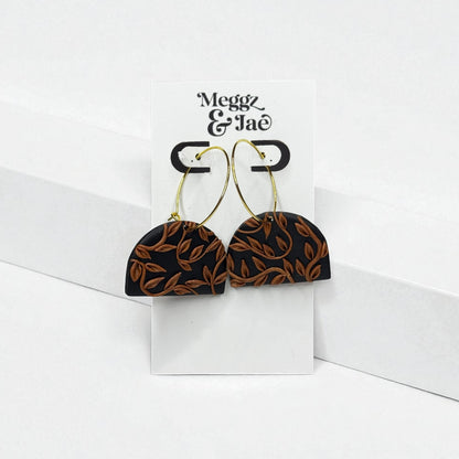 “Amber” black and copper leaf hoop dangle earrings