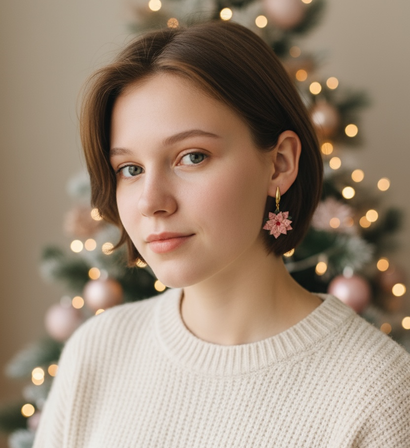 Pink poinsettia polymer clay earrings