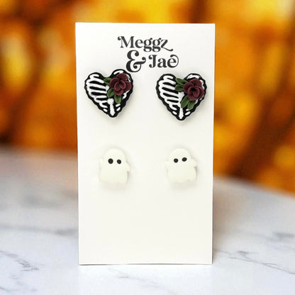 “Skeleton heart” stud set polymer clay stud earrings