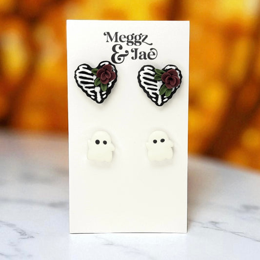 “Skeleton heart” stud set polymer clay stud earrings