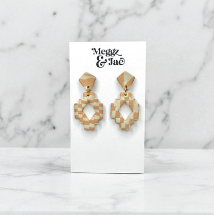 “Kelsie” Neutral checkered geometrical polymer clay dangle earrings