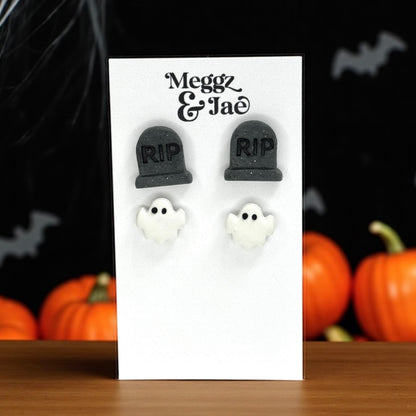 “Gravestone and ghost” stud set earrings
