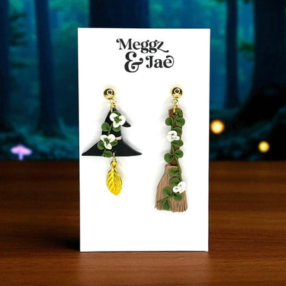 “Witch Hat & Broom” polymer clay dangle earrings