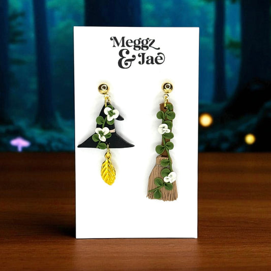 “Witch Hat & Broom” polymer clay dangle earrings