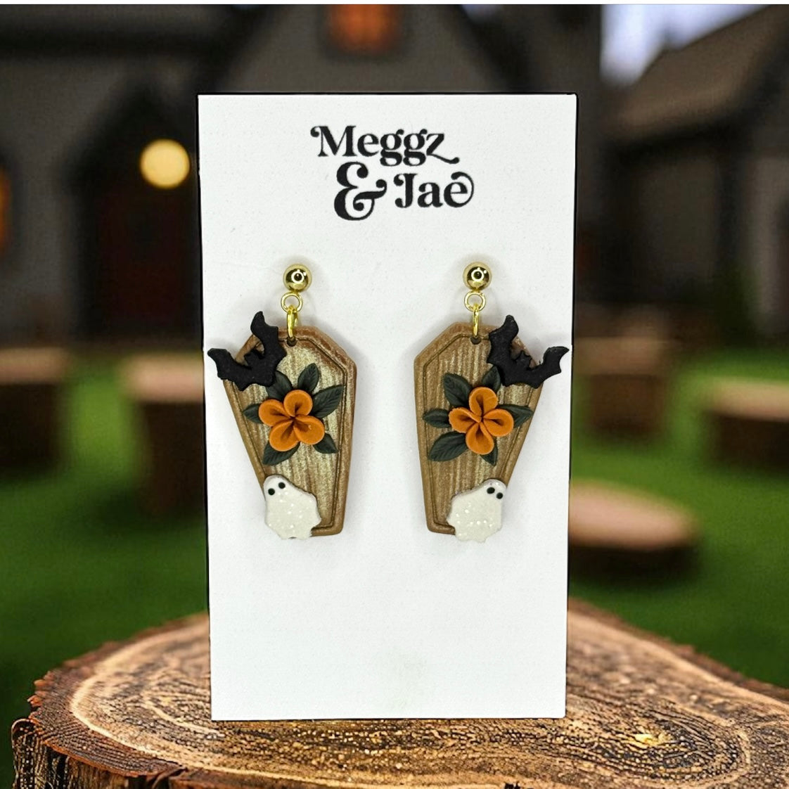 “Coffin” garden ghost polymer clay dangle earrings