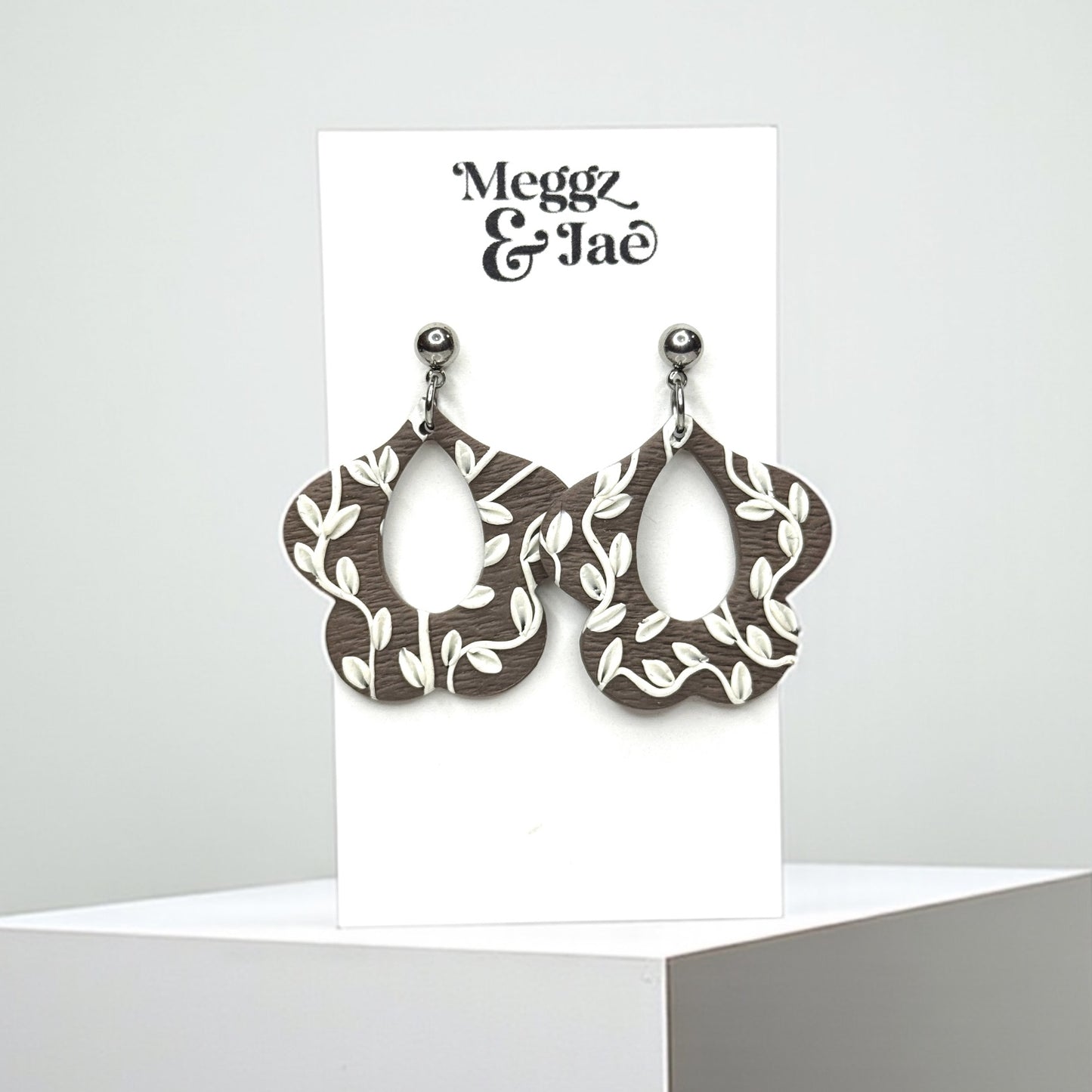 “Ivory” grey floral with vines polymer clay earrings