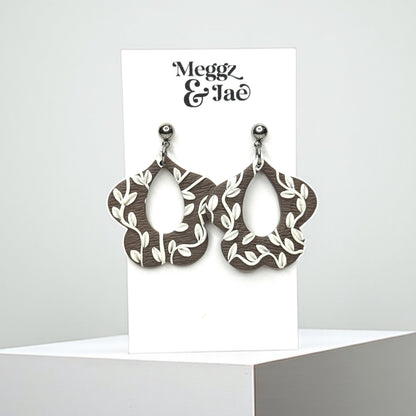 “Ivory” grey floral with vines polymer clay earrings