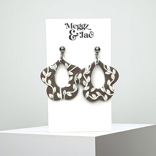 “Ivory” grey floral with vines polymer clay earrings