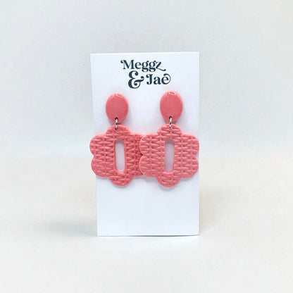 “Cara” pink woven floral shape dangles