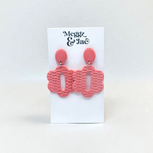 “Cara” pink woven floral shape dangles