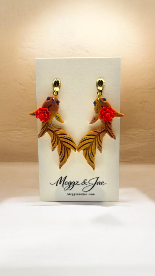 Koi Fish Statement Earrings Handmade Polymer Clay Lightweight Dangle Earrings Meggz and Jae