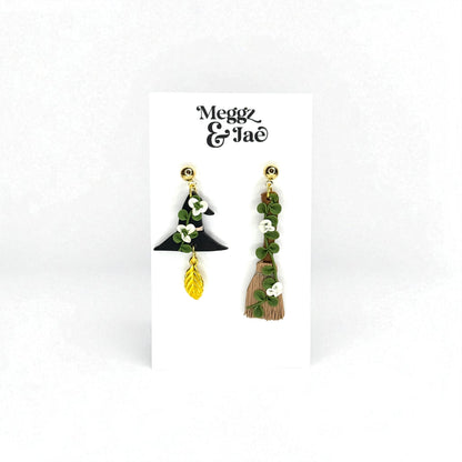 “Witch Hat & Broom” polymer clay dangle earrings