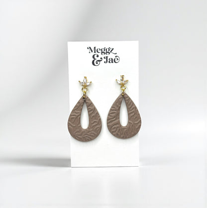 “Teresa” textured taupe teardrop polymer clay dangle earrings