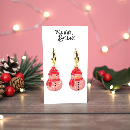 Pink Snowman Polymer Clay Earrings